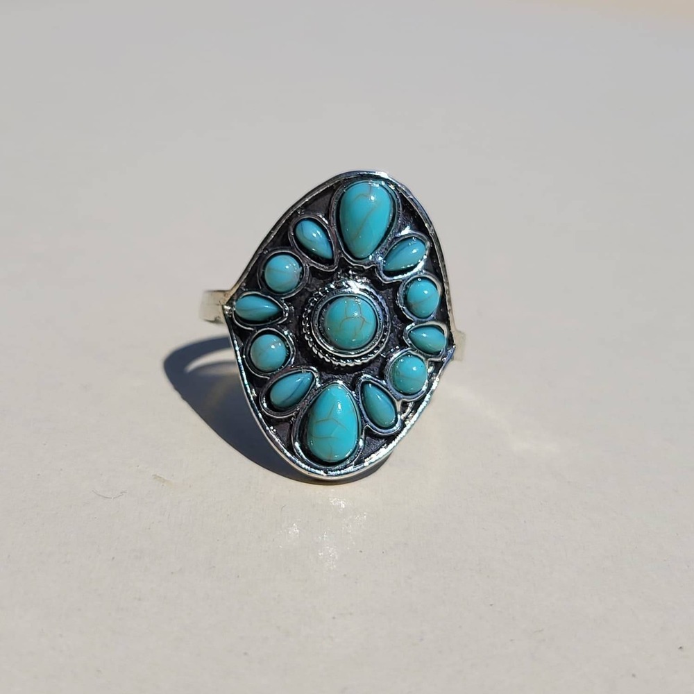 Vintage Silver Tone Faux Turquoise Cluster Ring Size 9.75 Blue Southwestern Boho